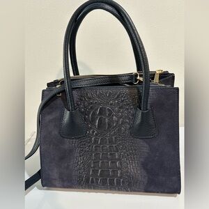 Italian Navy Croc-Embossed Leather & Suede Satchel Tote – Borse in Pelle